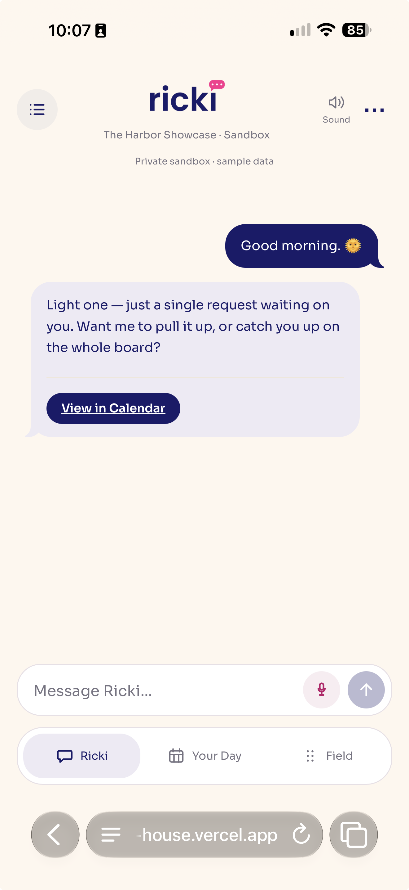 Ricki mobile preview in The Harbor Showcase sandbox. A morning conversation shows one waiting request, a View in Calendar button, and Ricki, Your Day, and Field tabs.
